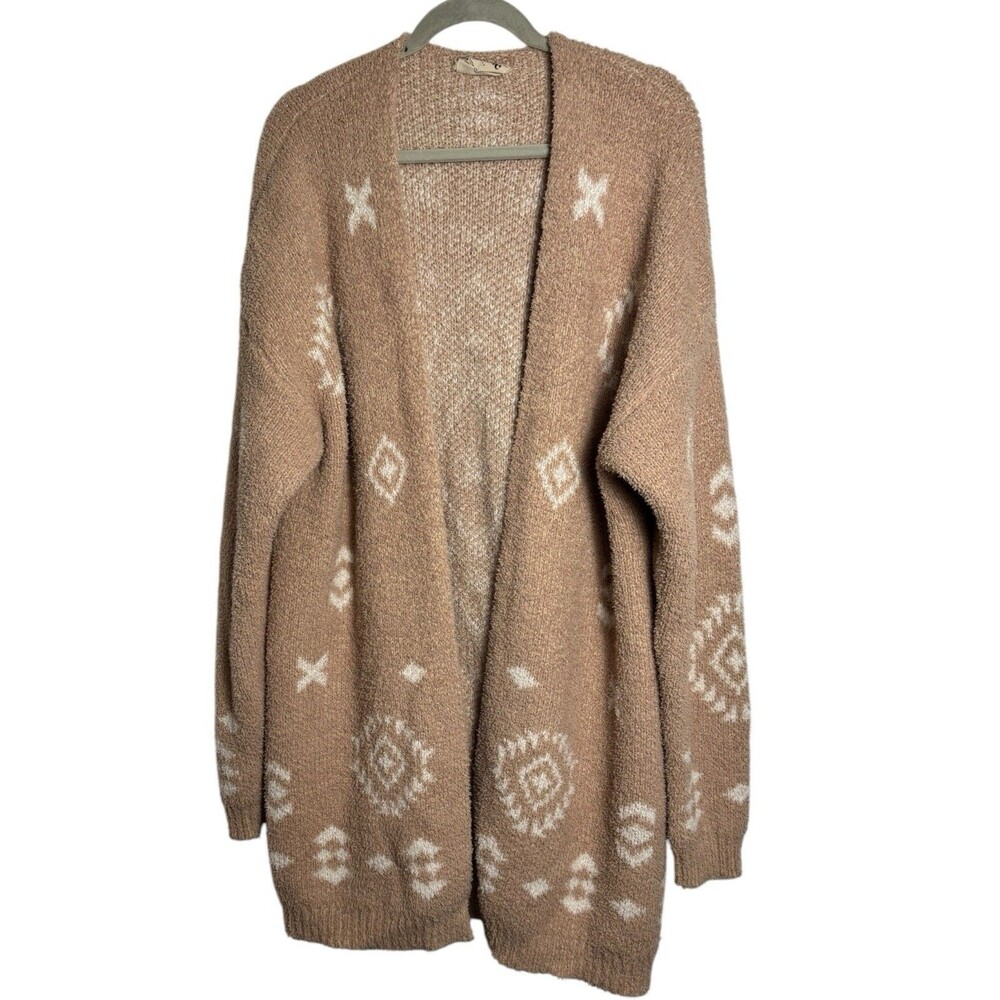 Boho Southwestern 3X Beige Ivory Boucle Knit Long Open Cardigan Aztec MSRP $53